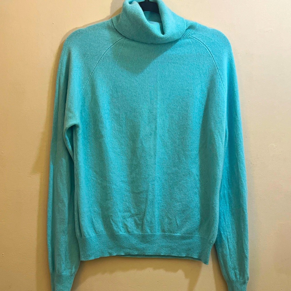 Valerie Stevens Blue 100% Cashmere Ribbed Knit Turtleneck Raglan Sweater M